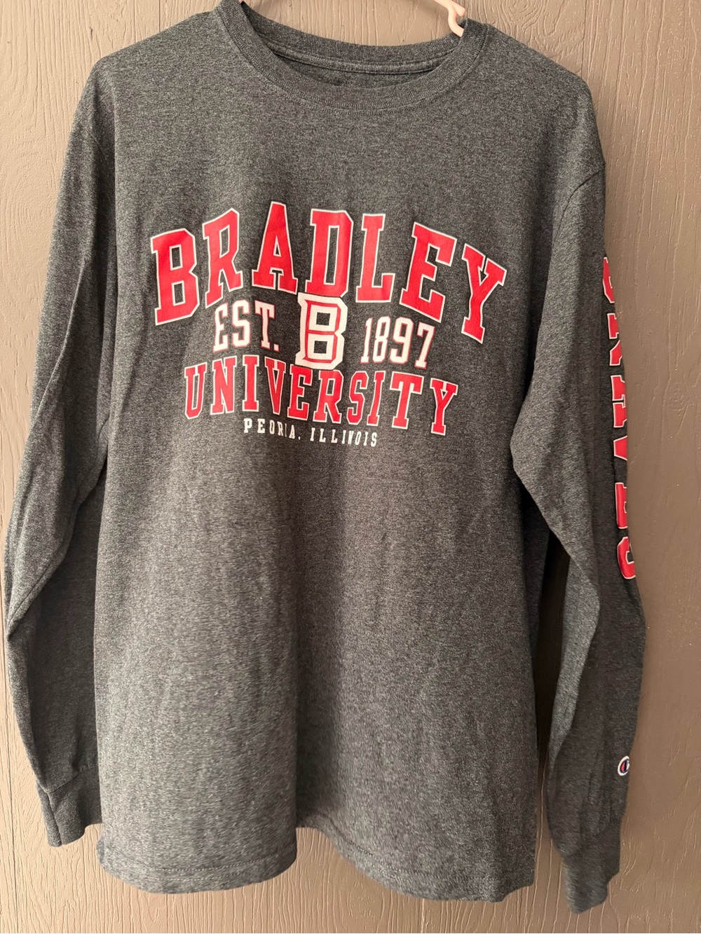 Champion Gray Crewneck with Red Bradley University Logo